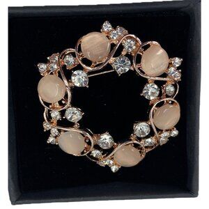 Rose Gold Tone Pink Cat's Eye Glass and Rhinestone Brooch NIB